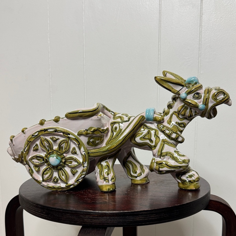 Vintage ceramic pottery donkey & Cart made in Italy green